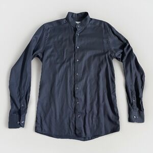 Eton Band Collar Dress Shirt Slim 41-16 Large Dark Navy Black 100% Cotton Twill